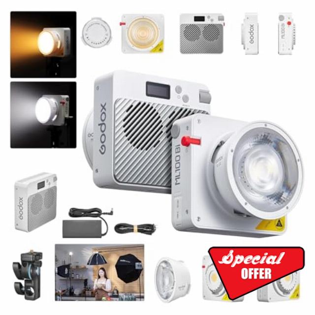 Godox ML100Bi 100W LED Video Light Godox Mount Flash 2800K-6500K Bi-Color Video Lighting 34300 Lux CRI 97+/TLCI 98+ 11 FX Effects or Filming Live Streaming Outdoor Studio Photography(ML100Bi)