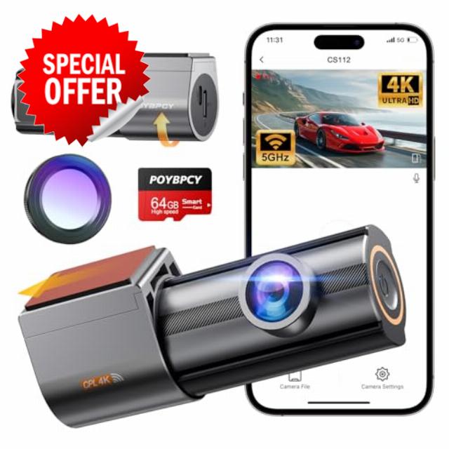 Dash Cam Front 4K Built-in 5GHz WiFi with CPL