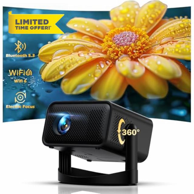 【360° Adjustable Stand】Mini Projector with WiFi 6 and Bluetooth