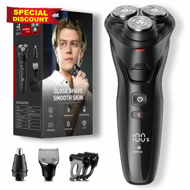 Cordless Electric Razor for Men: 3-in-1 Shaver for Beard/Nose/Sideburns - IPX7 Waterproof Travel Kit - Turbo Speed & Precision Blades