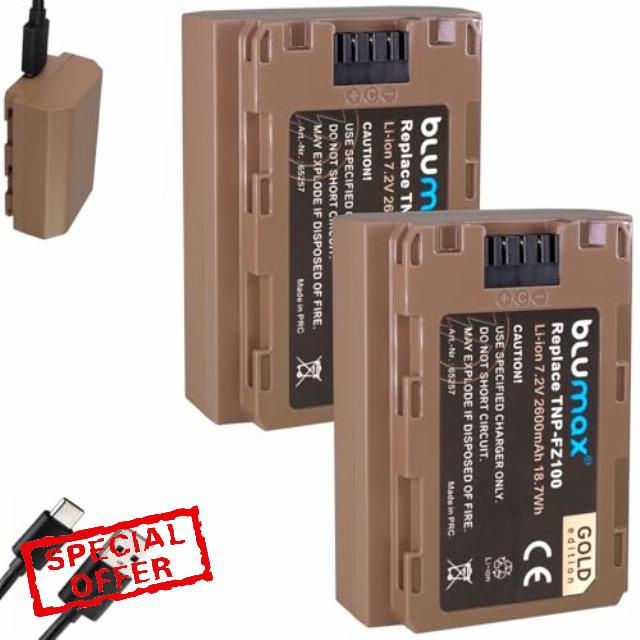 2 x Blumax Battery Replacement for Sony NP-FZ100 | 2600 mAh - with USB Type-C Charging Socket for Sony Alpha 9 III / A9 III 7C 7R4 / FX30 / A7 IV / A1-6600 ZV-E1