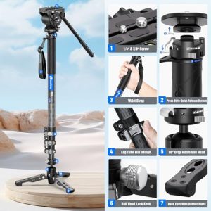 74.8" Professional Video Monopod with Fluid Head and Folding Support Base for Video Cameras Camcorders
