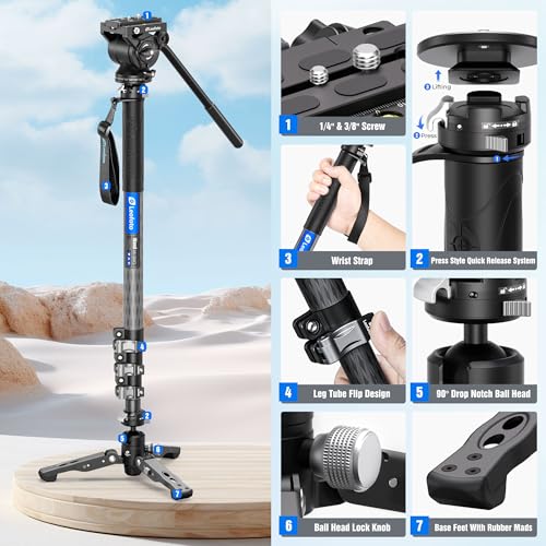 74.8" Professional Video Monopod with Fluid Head and Folding Support Base for Video Cameras Camcorders
