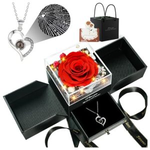 Forever Real Rose with I Love You in 100 Languages Heart Necklace