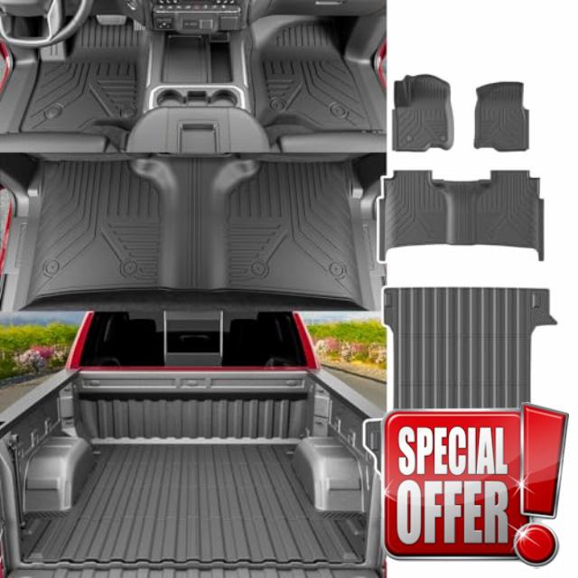 powoq 5.82FT Bed Mat Compatible with 19-25 Chevy Silverado GMC Sierra 1500 Floor Mat Truck Bed Liner TPE Floor Liner Replacement for 2019-2025 Chevy Silverado Accessories (5.82FT Bed Mat+Floor Mat)