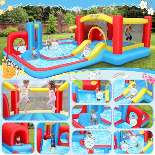 10 in 1 Water Slide for Kids 14.3 x 14.3Ft Multi Waterpark w/Jump Area
