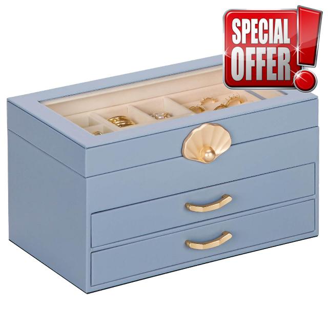 Jewellery Box with 2 Drawers : Jewellery Display Organiser for Earrings Necklaces - Gift for Girls Women | Grey Blue