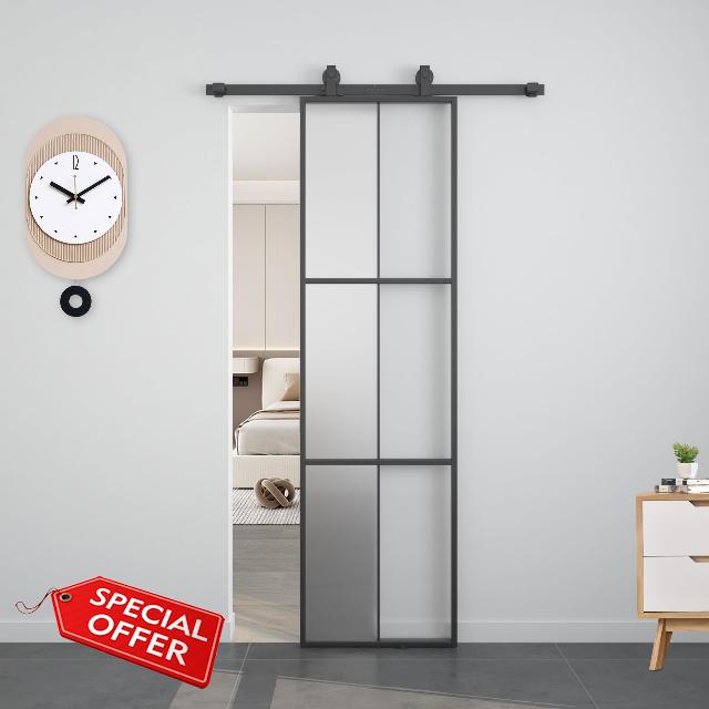 BARNSMITH 24in x 84in Aluminum Glass Barn Door with 4.3FT Hardware Included