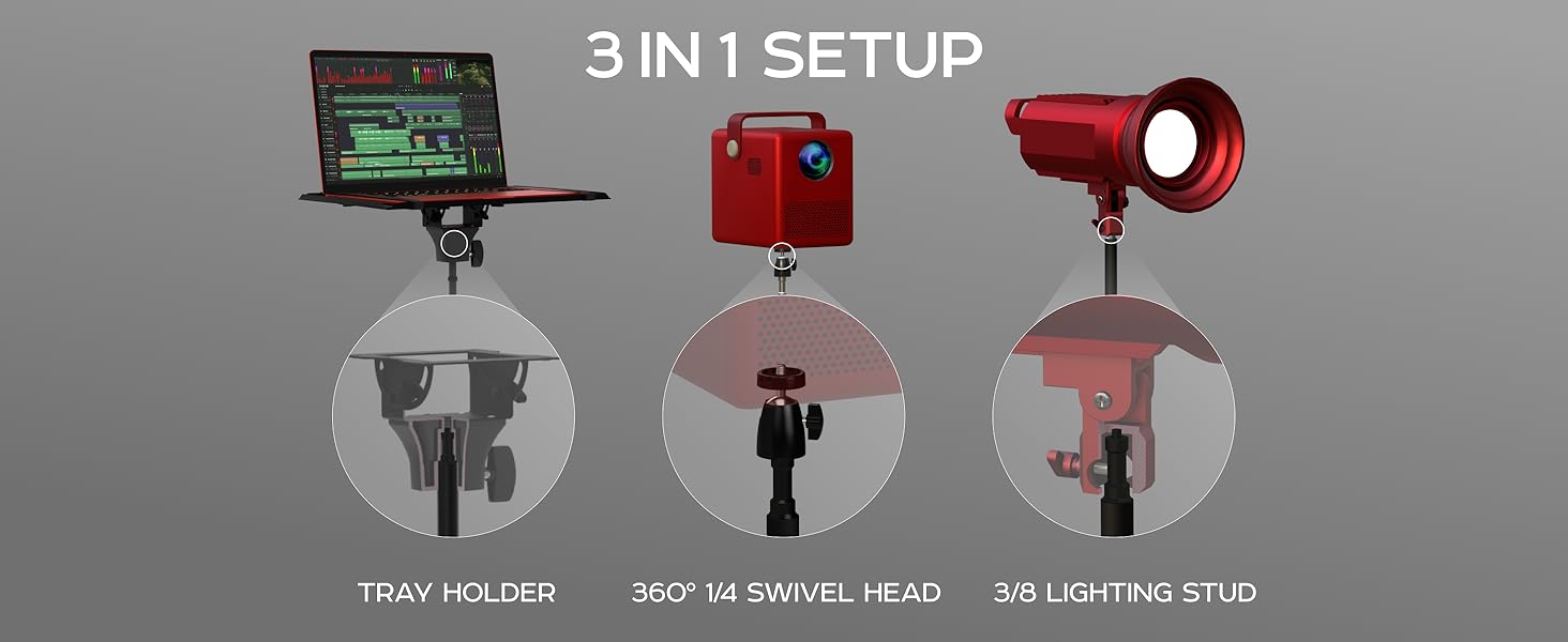 3 in 1 setup, tray holder, swivel head, lighting stud