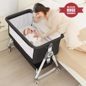 4-in-1 Baby Bassinet Bedside Sleeper for Newborns - Baby Rocking with 6 Adjustable Heights and 360° Locking Wheels | Portable Infant Crib with Storage Basket and Mosquito Net | Breathable Mesh