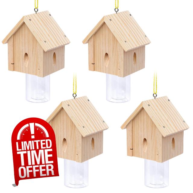 Carpenter Bee Trap for Outside - Best Bee Trap - Cabin Style Nature Hanging Wood Carpenter Bee Traps Outdoor - Insect Traps with Removable Vault (4 Pack)