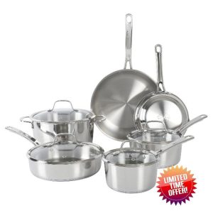 Sur La Table Kitchen Essentials Chef's Deck 10 Piece Stainless Steel Non Toxic Pots and Pans Kitchen Cookware Set w/Triply Encapsulated Base - Induction Safe