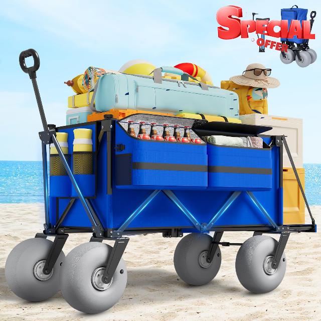 Beach Wagon with Big Wheels for Sand - 450lbs Load Heavy Duty Wagons Carts Foldable with 9" All Terrain Inflatable Tires