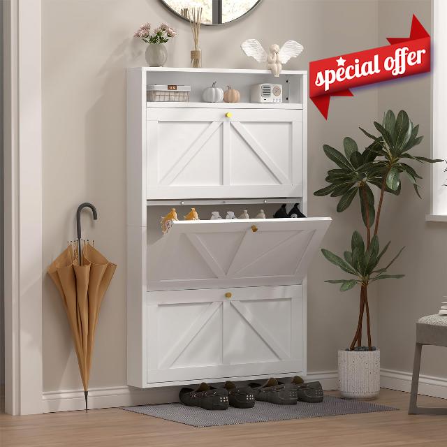 Narrow Entryway Shoe Storage with 3 Flip Drawers