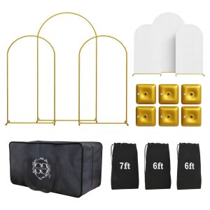 Metal Arch Backdrop Stand and Cover Set – 3 Gold Frames (7.2ft
