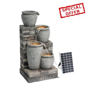 Teamson Home 30.7" 4-Tier Cascading Bowl Solar Powered Water Fountain with LED for Outdoor Living Spaces