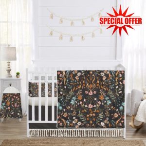 Sweet Jojo Designs Black Boho Wildflower Vintage Floral Girl Baby Crib Bedding Set Infant Nursery Room BreathableBaby Breathable Mesh Crib Liner Blanket Fitted Sheet 6pc Orange Teal Bohemian Farmhouse