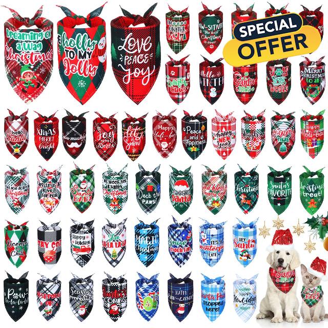 Abbylike 50 Pcs Christmas Plaid Dog Bandanas Bulk Holiday Dog Scarf Bibs Puppy Bandanas Adjustable Washable Kerchief Pet Costume Accessories Grooming Supplies for Small to Large Cats Dogs