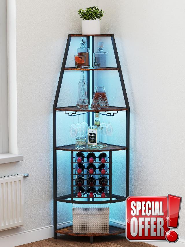 5-Tier Corner Wine Rack with LED Lights Floor Standing Wine Cabinet with Glass Holder & Bottles Wine Storage Industrial Corner Bar Cabinet Display Shelf for Home Bar Kitchen Living Room Dining Room
