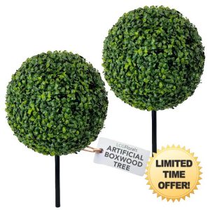 LCG Florals- Artificial 15-Inch Boxwood Topiary Ball 2-Pack- Indoor and Outdoor Faux Plants for Patio