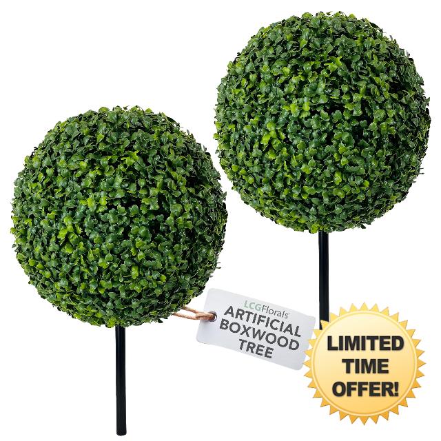 LCG Florals- Artificial 15-Inch Boxwood Topiary Ball 2-Pack- Indoor and Outdoor Faux Plants for Patio