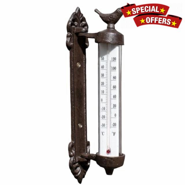 Cast Iron Bird Wall Thermometer Antique Brown Rustic Window Frame Garden Decor