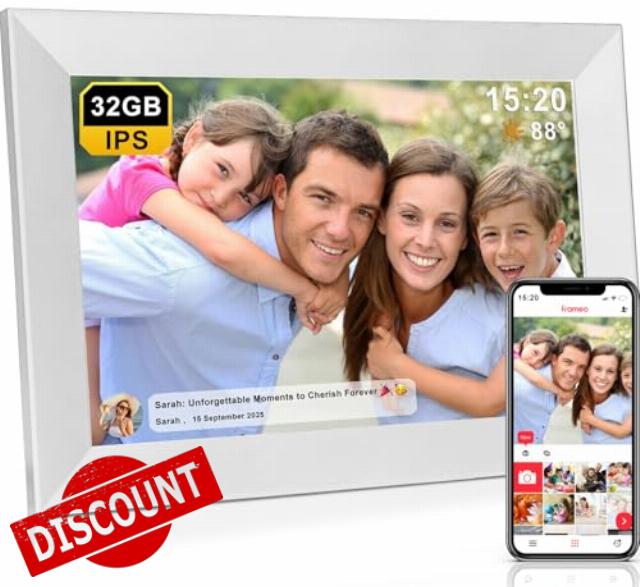 FRAMEO WiFi Digital Photo Frame 10.1 Inch- Large 32Gb Memo | 1280x800 HD IPS Touch Screen | Weather Temperature Forecast | Time Clock | Slideshow | Share Photos/Videos via the Frameo App