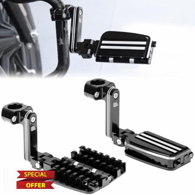 KEMIMOTO CNC Aluminum Highway Pegs with Expandable Heel Rests 1.25" Highway Long Angled Pegs Adjustable Fit for Street Glide Road King Road Glide Softail Dyna Sportster 1-1/4" Engine Guard Black