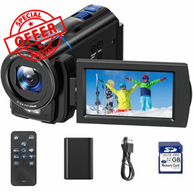 CAMWORLD 4K Video Camera Camcorder 48MP YouTube Vlogging Camera Night Vision 3” 270° Rotatable Touchscreen Podcast Camcorder Video Recorder with 32GB SD Card