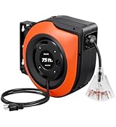 DEWENWILS Retractable Cord Reel, 60FT Heavy Duty Extension Cord, 12AWG/3C SJTOW, 3 Grounded Outle...