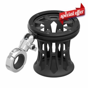 Tackform Chrome Motorcycle Drink Holder - Fits Bottles and Cans up to 3.25” in Diameter | Metal Enclosure with Rubber Net | BC3 Universal Clamp Fits 1-1/4" to 1-1/2" Handlebars | Short Reach Arm