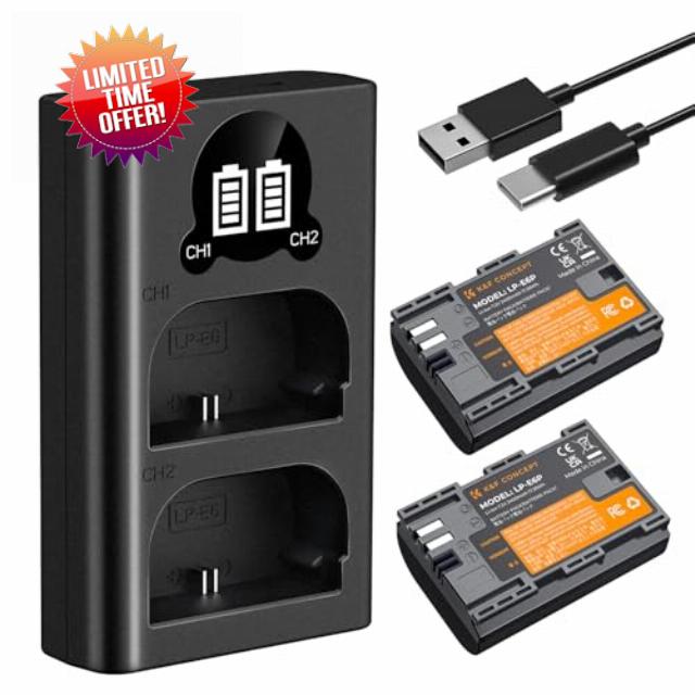 K&F Concept 2-Pack 2400mAh LP-E6P Battery and Dual Slot USB Charger Compatible with Canon EOS R7