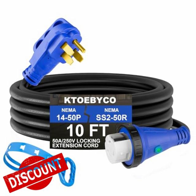 50 Amp RV Extension Cord 10 ft 250V Heavy Duty STW 6/3+8/1 Gauge Pure Copper RV Power Cord