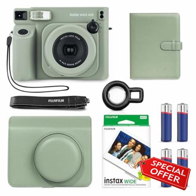 Fujifilm Instax Wide 400 Instant Camera (Sage Green) + INSTAX Wide Film (20 Exposures) + Shutter Accessories Bundle – Carrying Case