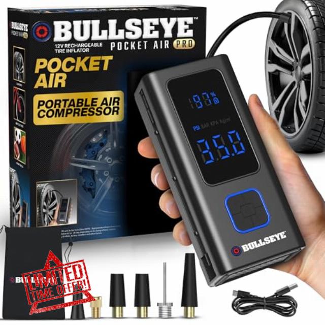 POCKET AIR PRO Tire Inflator Portable Air Compressor by Bullseye Pro for Tires