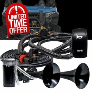 Air Horn Dual Trumpet with Power Bus Bar Plug Black Rocker Switch Wire Harness Kit Compatible with Polaris Pulse Power Bus Bar RZR Turbo R Pro Ranger Crew XPEDITION XP ADV 2018-2024