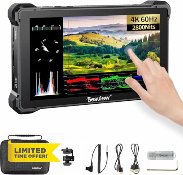 Desview R7III Camera Monitor 7” Ultra High Brightness 2800 Nits 4K 60Hz Touch Screen 1920X1080 HDMI 2.0 IPS LCD 3D LUT LED Backlight Dual Battery Slot 10 Bit Display Color 8V DC Out (R7II 7 Inch)