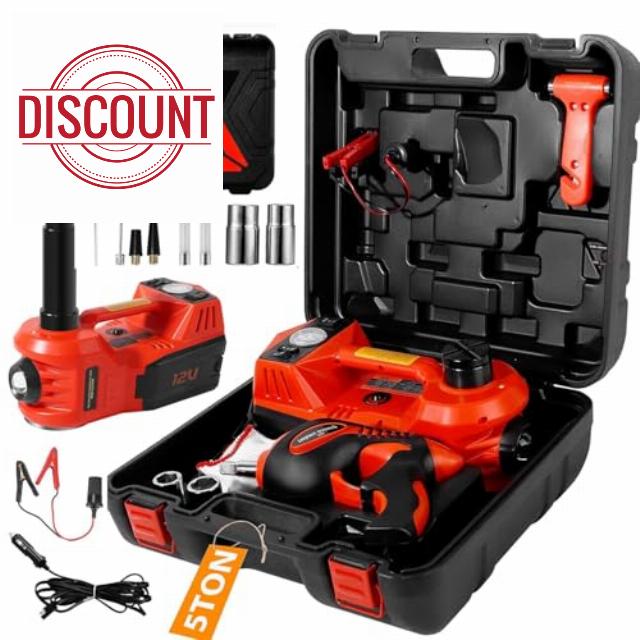 Electric Car Jack Kit 5 Ton 12V Floor Jack with Impact Wrench and Tire Inflator Pump Portable Hydraulic Car Jack for SUV Sedans Tire Change with LED Light