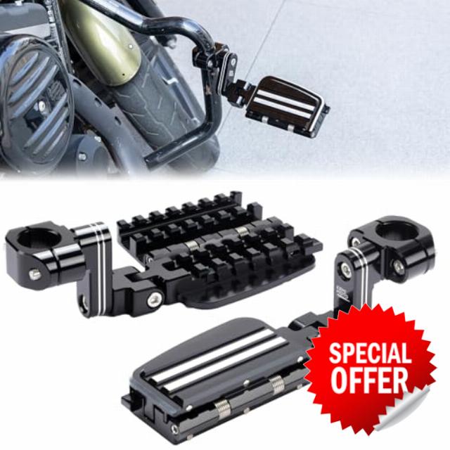 KEMIMOTO CNC Aluminum Highway Pegs with Expandable Heel Rests 1.25" Highway Short Angled Pegs Adjustable Fit for Street Glide Road King Road Glide Softail Dyna Sportster 1-1/4" Engine Guard Black