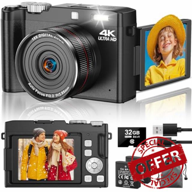 Digital Camera 4K 64MP Autofocus Vlogging Cameras with 32GB Card & Macro Function