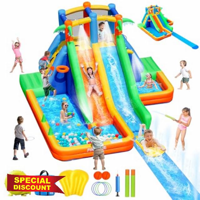 Inflatable Water Slide Bounce House with Extend Long Splash Waterslide for Kids Backyard