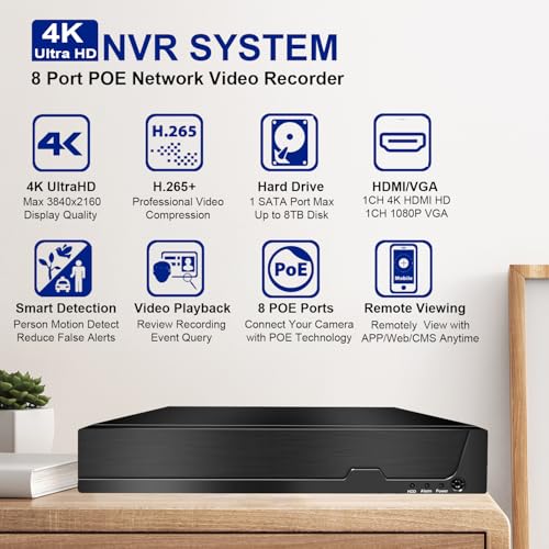 4K H.265 Network Video Recorder Work with 12MP/8MP/5MP/4MP/3MP/1080P HD POE IP Cameras,Remote Access