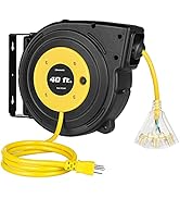 DEWENWILS Heavy Duty Cord Reel, 40FT Retractable Extension Power Cord, 12AWG/3C SJTOW, 3-Lighted ...