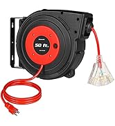 DEWENWILS Retractable Extension Cord Reel, 50 FT Heavy Duty Power Cord, 14AWG/3C SJTOW, 3 Grounde...