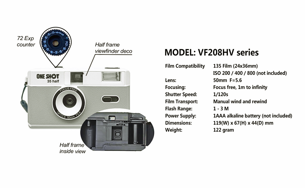 1 Shot Point and Shoot 35mm Film Camera, Reusable Retro Half Frame Camera, Built in Flash