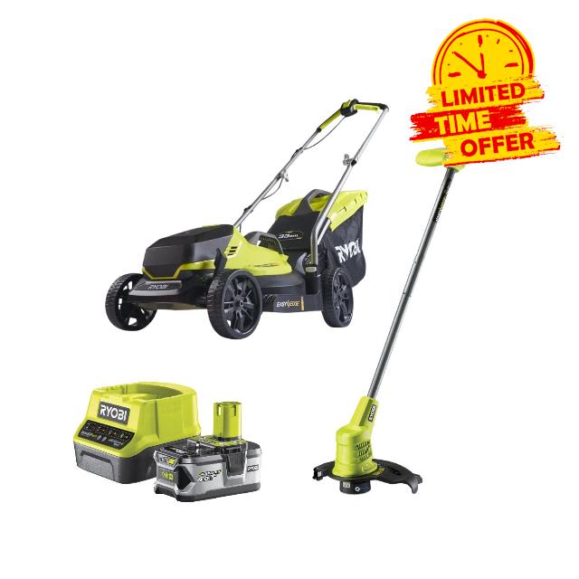 Ryobi 18V ONE+ Cordless Lawnmower and Grass Trimmer Kit (1 x 4.0Ah)