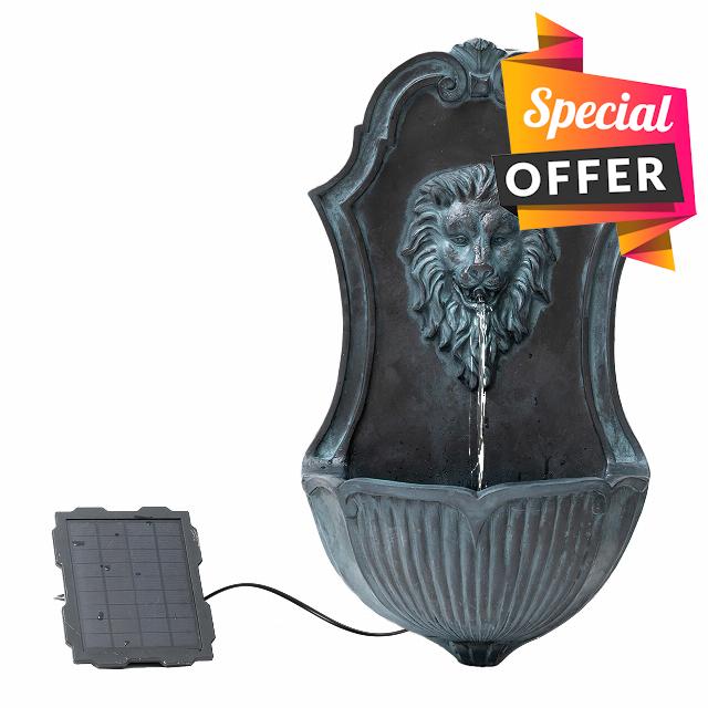XBrand 26" Solar-Powered Wall-Mounted Lion Head Fountain