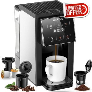 AIRMSEN Grind & Brew Coffee Maker with Built-in Grinder - Single-Serve Machine Compatible with K-Cup Pods & Ground Coffee