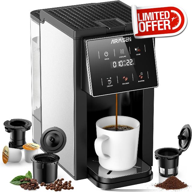 AIRMSEN Grind & Brew Coffee Maker with Built-in Grinder - Single-Serve Machine Compatible with K-Cup Pods & Ground Coffee