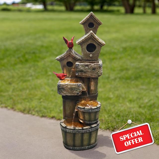 35" Tall Outdoor 4-Tier Birdhouse Floor Standing Water Fountain with LED Lights for Garden